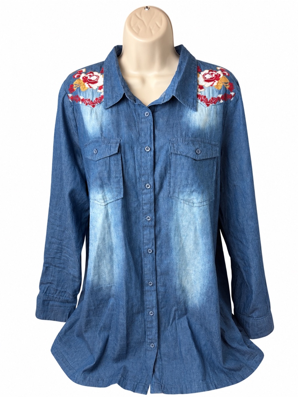 Andree by Unit Embroidered Chambray Denim Tunic Shirt Boho Western L